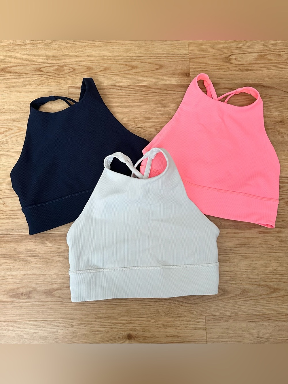 (3) Lululemon High-Neck Energy Bra Ribbed Size 6 Navy Off White Coral Pink